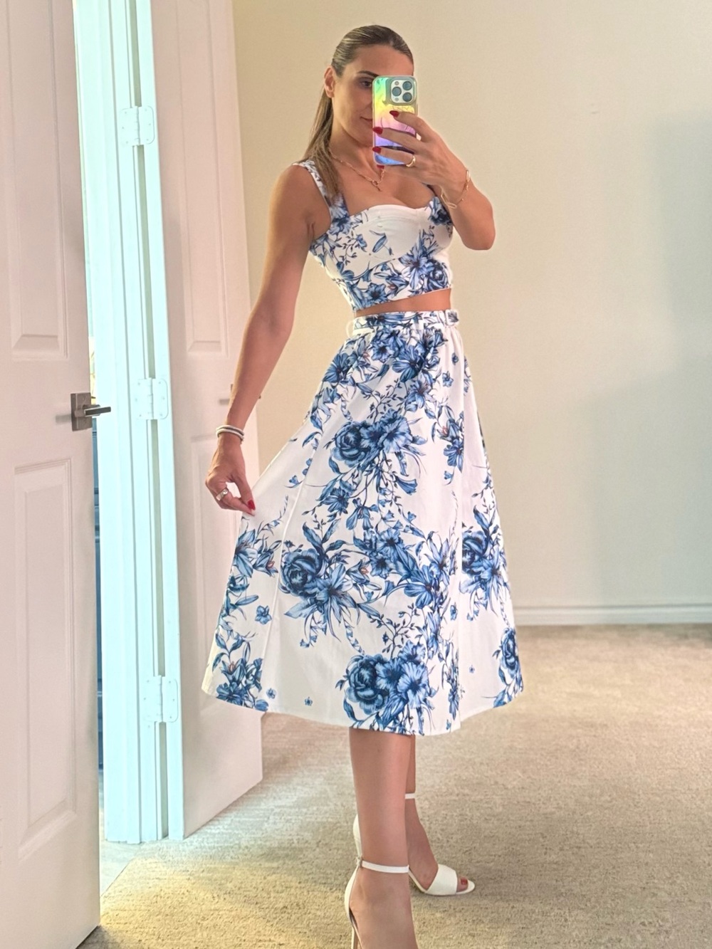 Zara White & Blue Floral Two-Piece Midi Dress & crop top - Picture 2 of 7